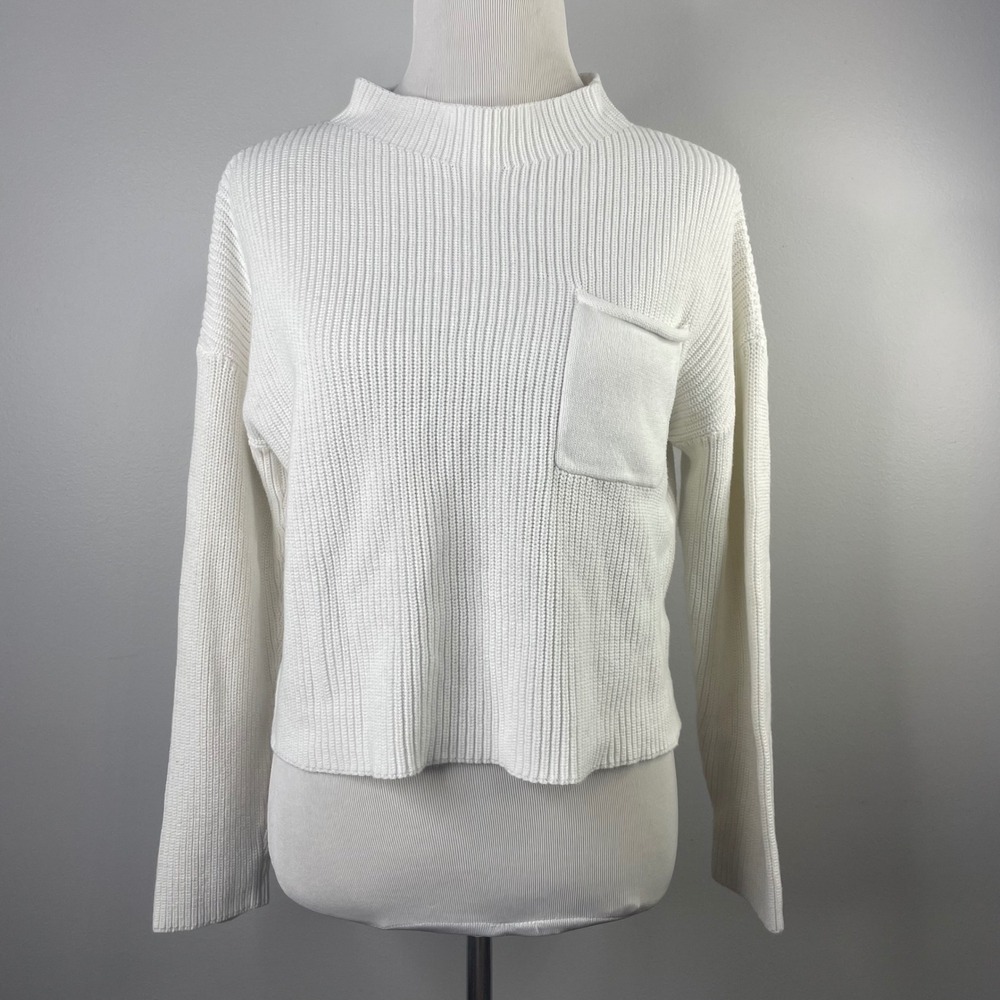PrettyGarden White Ribbed Cotton Mock Neck Pocket Sweater Womens Medium 7159
